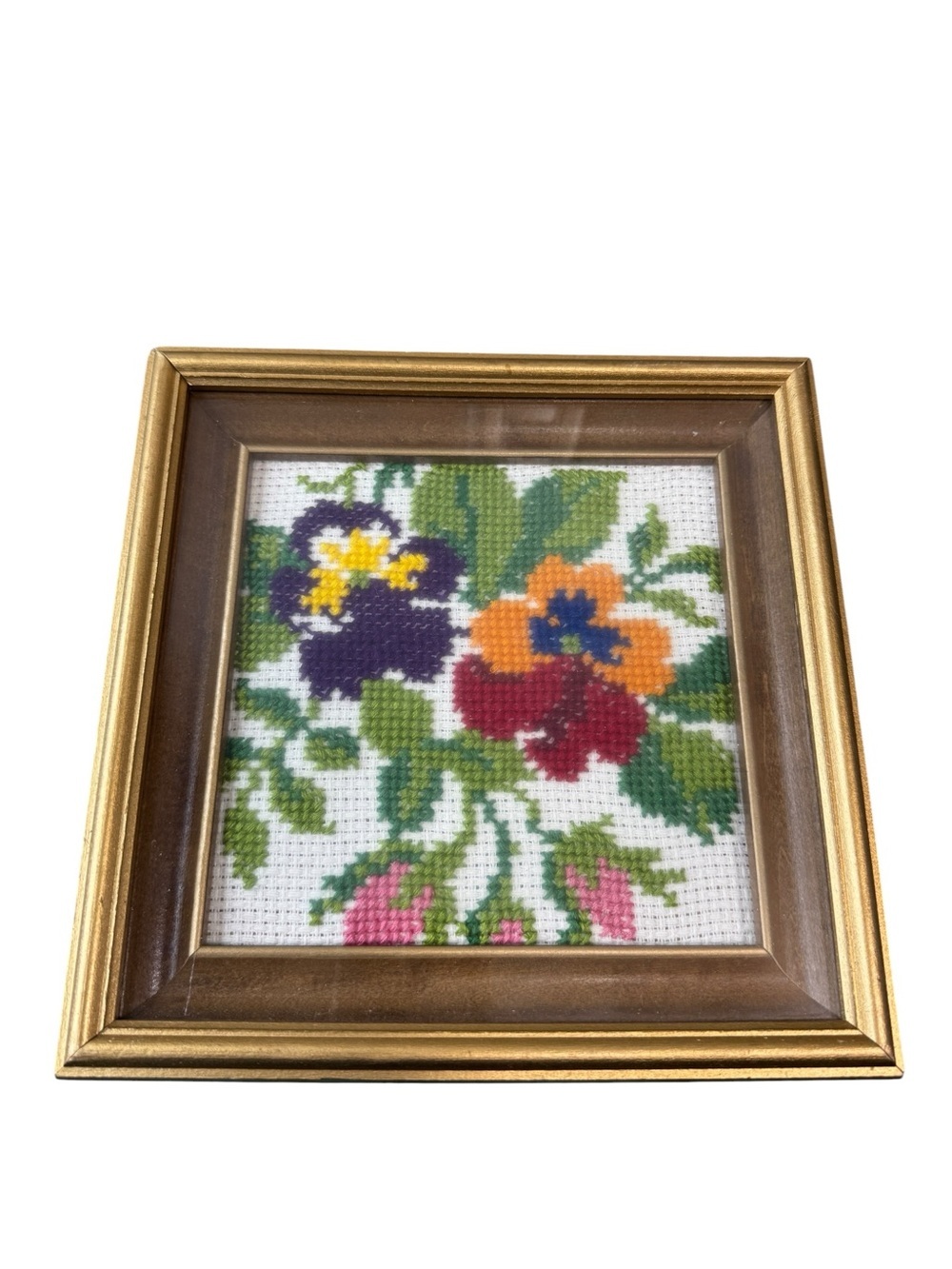 Vintage Petit Point Needlework Floral Rose Art 8"